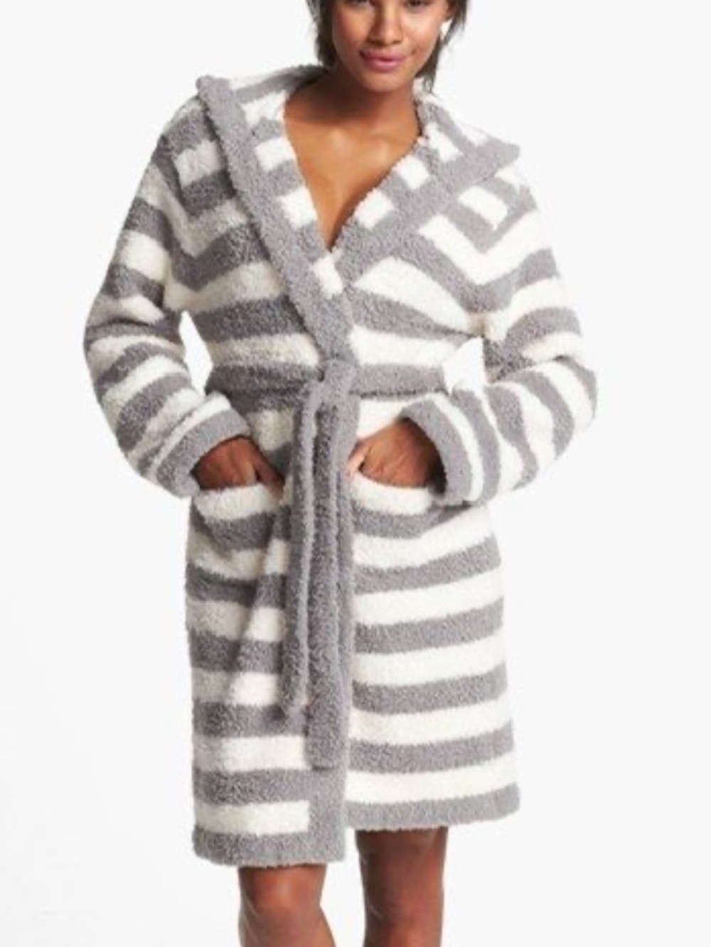 BAREFOOT DREAMS CozyChic Stripe Hooded Robe One Size Grey